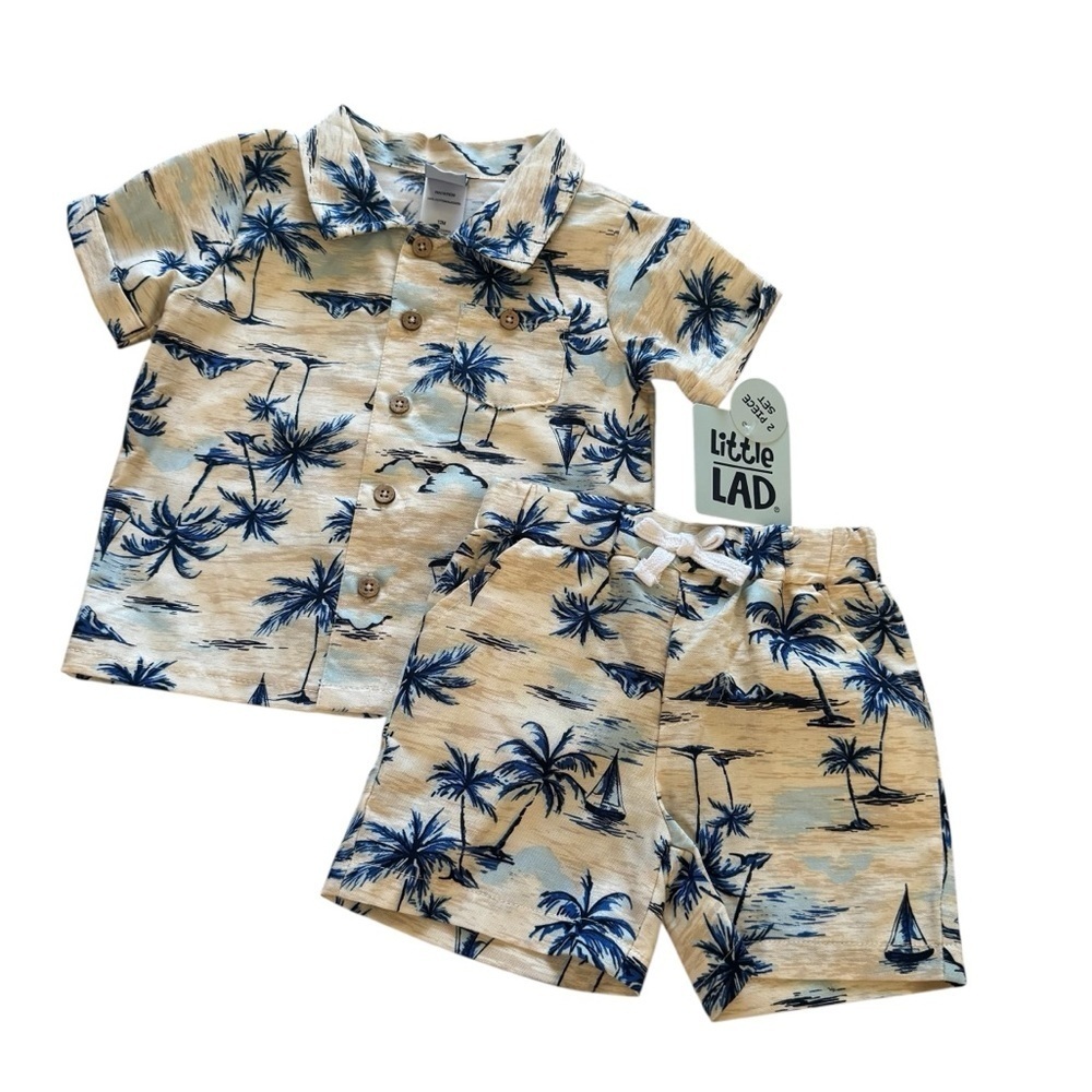 Little Lad 12M Baby Boy Outfit 2PC Set Blue beige Palms Tropical Nautical